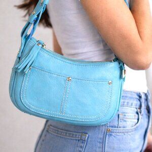 BOSCA Turquoise Blue Pebbled Leather Studded Handle Shoulder Bag Purse